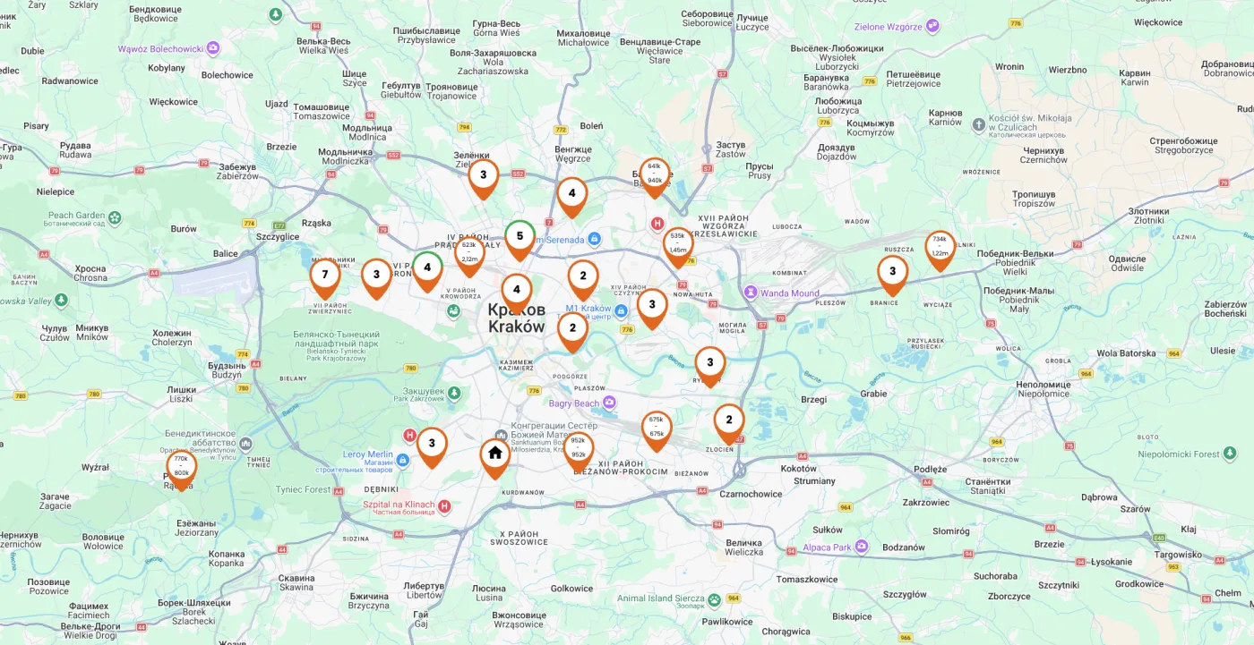 Карта объектов в Кракове